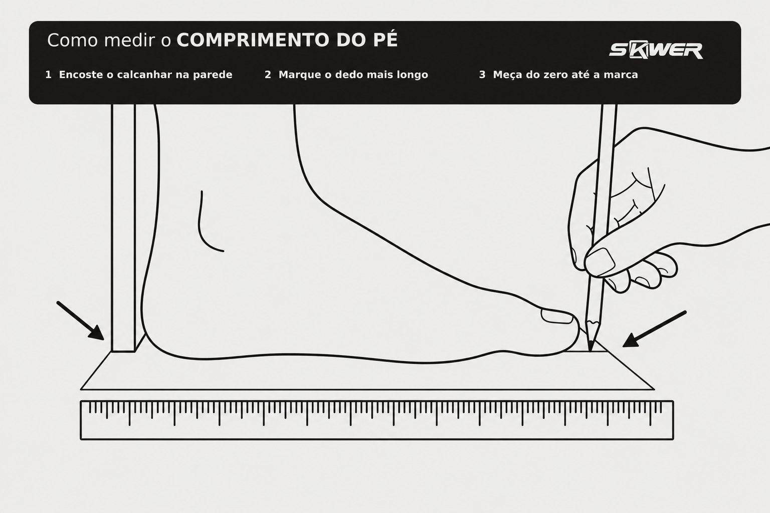Como medir o comprimento do pé: encoste o calcanhar na parede, marque o dedo mais longo e meça do zero até a marca